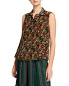 Sleeveless Bow-neck Button-front Patterned