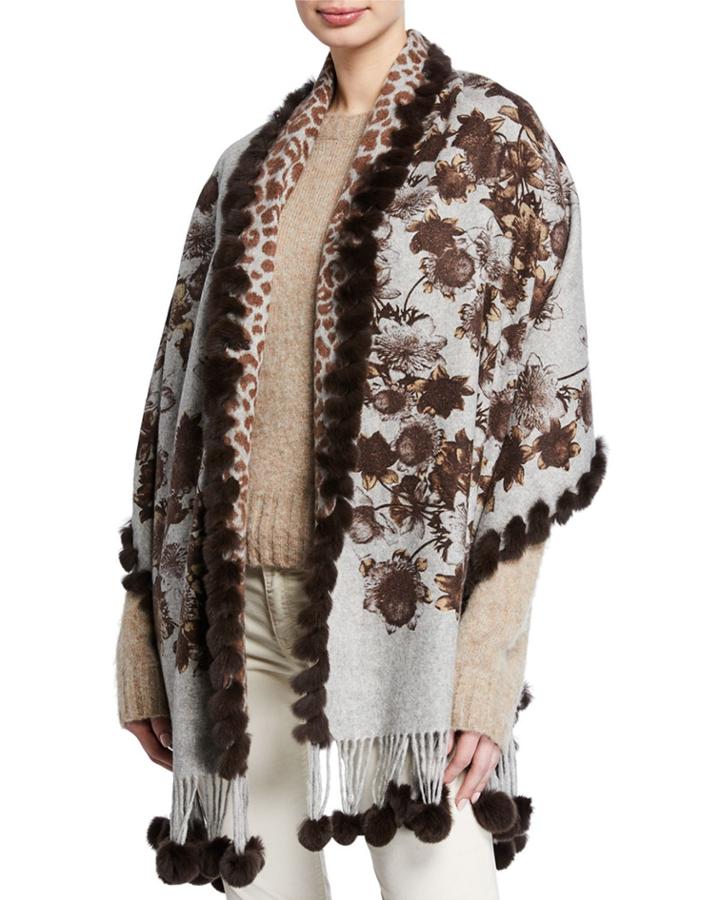 Double-face Stole W/ Fur Trim & Fringe