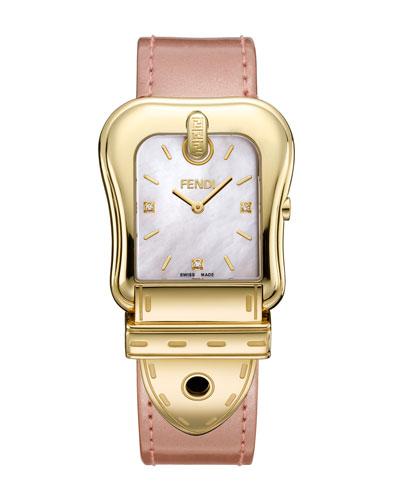 43mm B. Fendi Diamond Buckle Watch With Leather Strap, Gold/pink