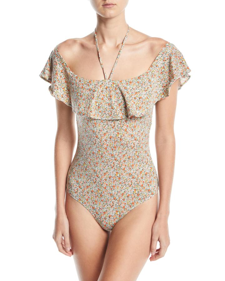 Floral-print Halter Off-the-shoulder Bodysuit