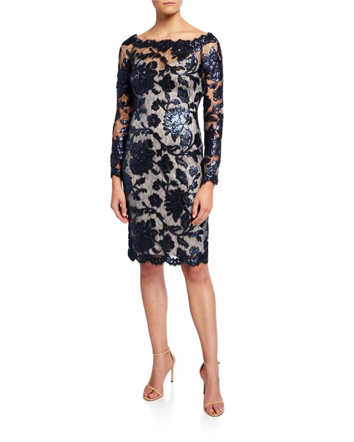 Sequin Lace Boat-neck Long-sleeve Cocktail Dress