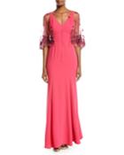 V-neck Crepe Gown W/ Beaded Cape