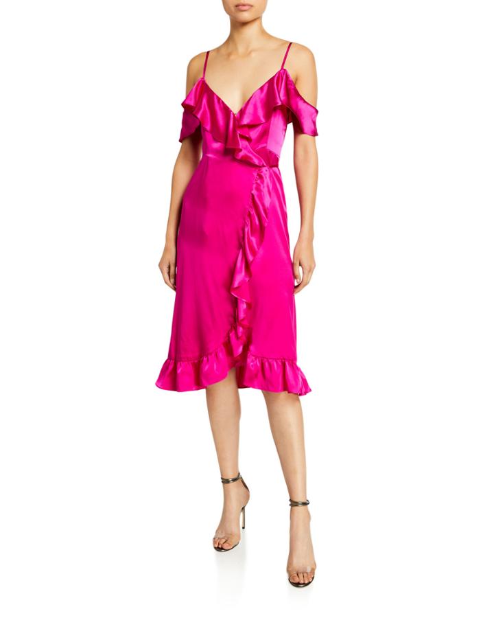 Cold-shoulder Ruffle-trim Silk Midi Wrap Dress