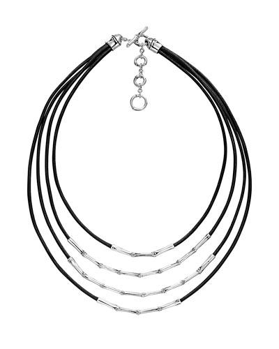 Bamboo Silver Four Row Necklace, Black Cord