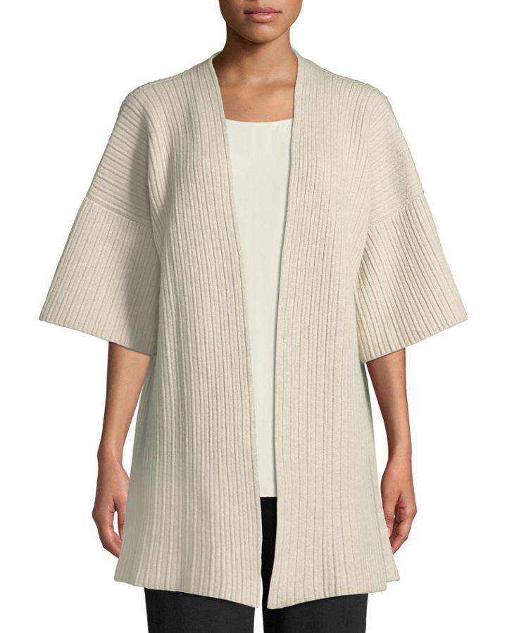 3/4-sleeve Open-front Wool Ribbed-knit Cardigan