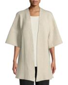 3/4-sleeve Open-front Wool Ribbed-knit Cardigan