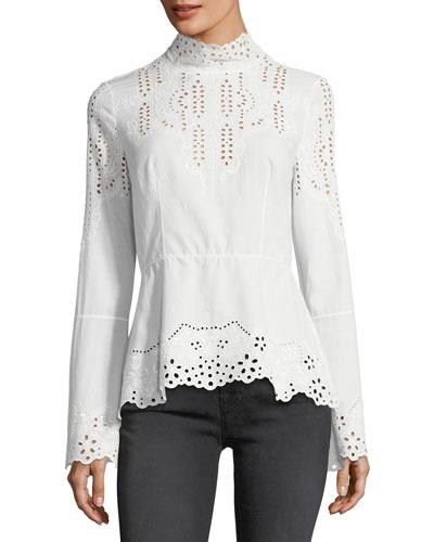 Cotton Eyelet Embroidered Long-sleeve Blouse