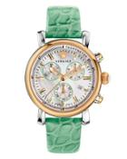 Day Glam Chronograph Watch W/ Leather Strap, Rose Golden/mint Green