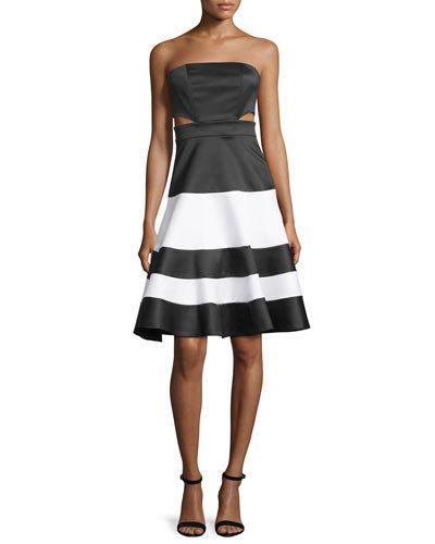 Simona Strapless Satin Cutout Dress, Black/white