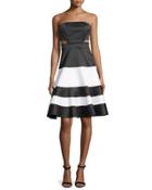Simona Strapless Satin Cutout Dress, Black/white