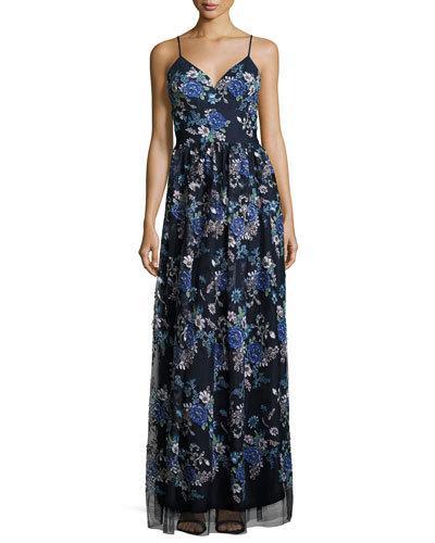 Sleeveless Floral-print Maxi Gown, Navy