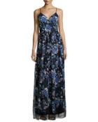 Sleeveless Floral-print Maxi Gown, Navy
