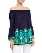 Alana Off-shoulder Pom-pom Top W/ Imperial Aari Embroidery