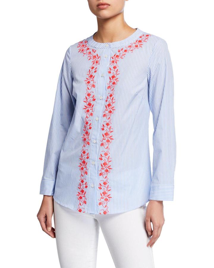 Striped Button-front Top W/ Embroidery