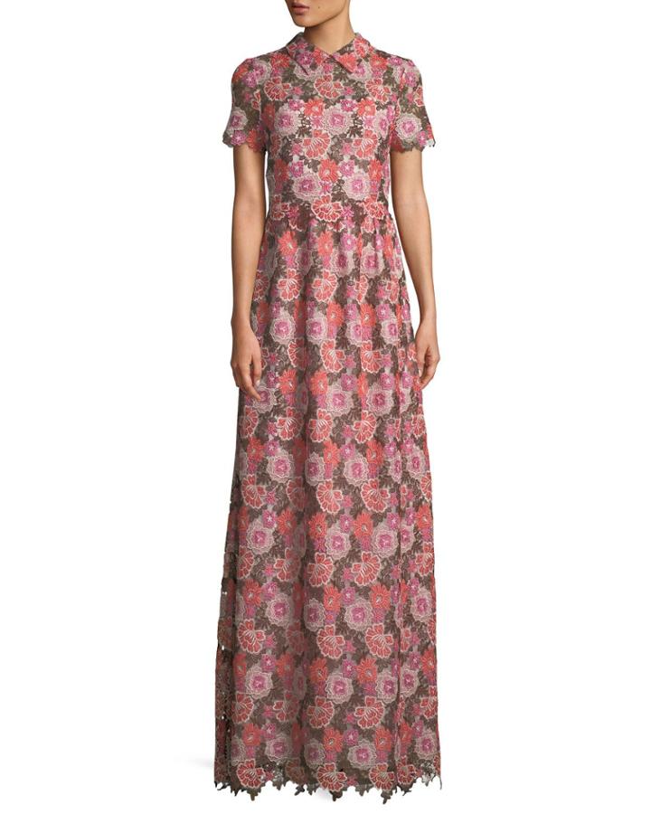 Cap-sleeve Floral-lace A-line Gown