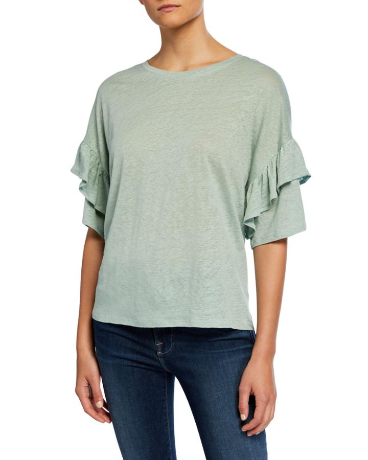 Crewneck Short-sleeve Drop-shoulder Dolman Tee W/ Ruffle Trim