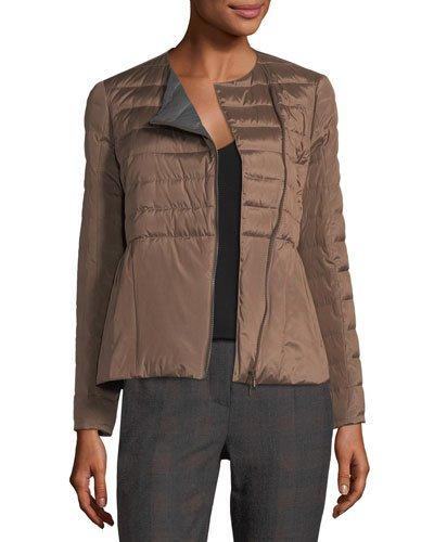 Silk Zip-front Peplum Puffer Jacket