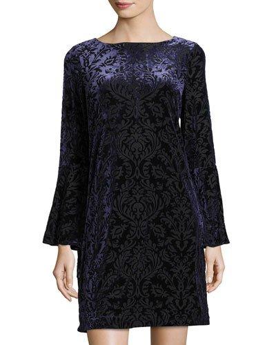 Bell-sleeve Velvet-burnout Dress, Navy