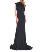 Bejeweled High-neck Ruffle Cap-sleeve Gown