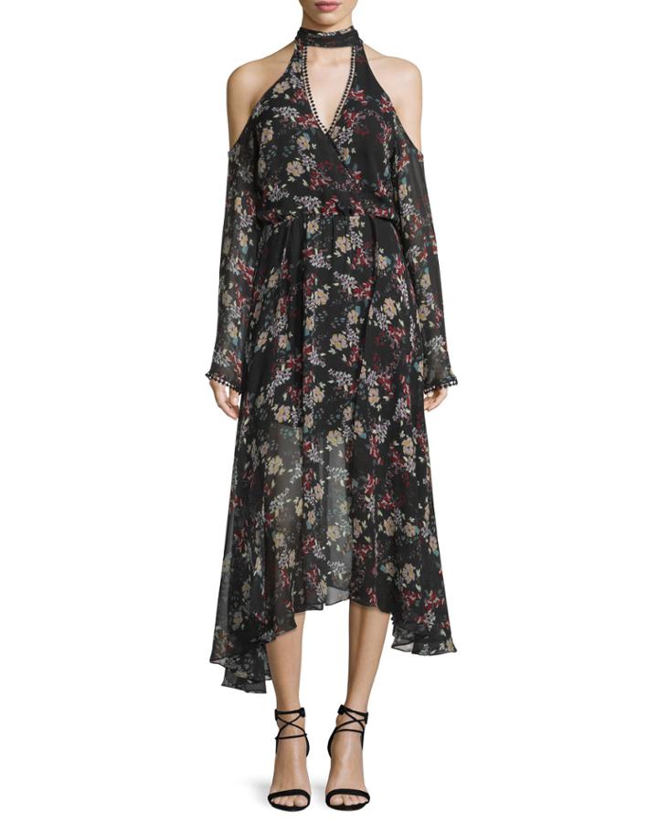 Floral-print Silk Cold-shoulder
