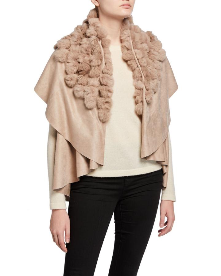 Faux-suede Rabbit Fur-pompom Vest