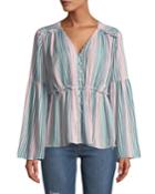 Striped Bell-sleeve Button-down Blouse