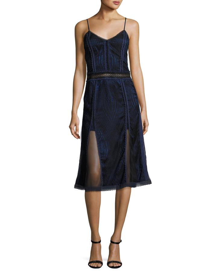 Scallop Ripple Lace Sleeveless Dress, Black/blue