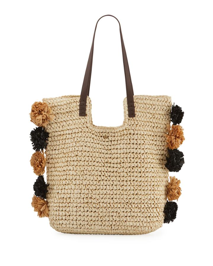 Crochet Tote Bag With Pompoms, Beige