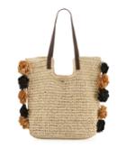 Crochet Tote Bag With Pompoms, Beige