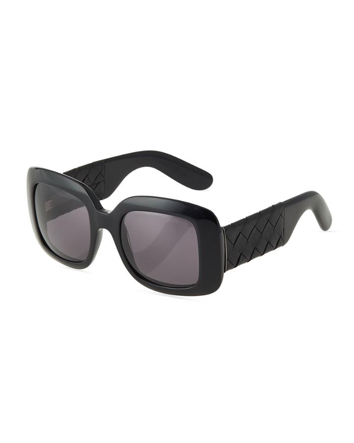 Bottega Veneta Oversized Square Sunglasses With Intrecciato Leather Arms, Black, Women's,
