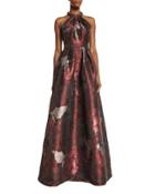 Sleeveless Abstract Floral Ball Gown, Cinnamon