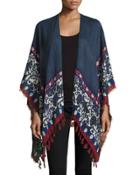 Fan-print Ruana Kimono, Navy Night