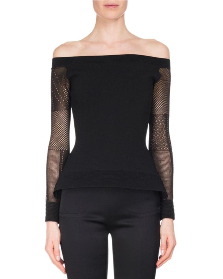 Leafield Lace-sleeve Sculpted Knit Off-the-shoulder Top