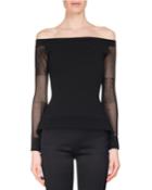 Leafield Lace-sleeve Sculpted Knit Off-the-shoulder Top