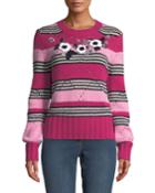 Floral-beaded Crewneck Striped Wool-cashmere Pullover