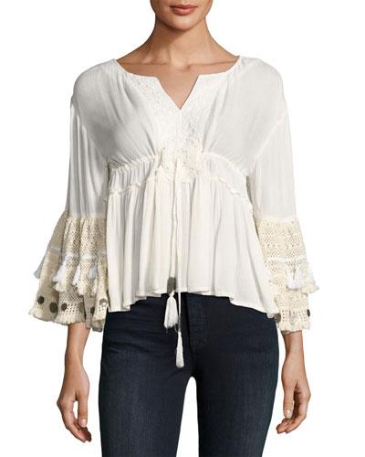 Sun Goddess Crochet-trim Blouse, White