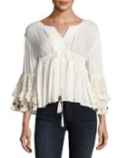 Sun Goddess Crochet-trim Blouse, White