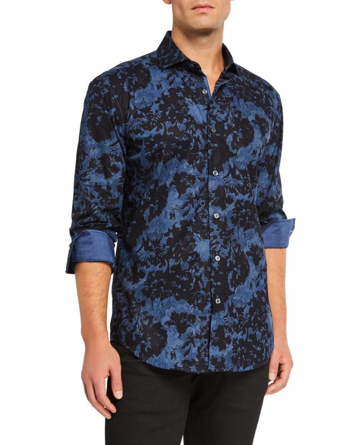 Men's Patterned Sport Shirt W/ Contrast Reverse Cuffs