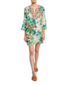 Floral-print Embroidered V-neck Flare-sleeve Linen Tunic Dress