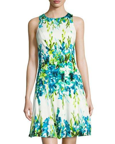 Floral-print Fit-and-flare Dress, Blue/white