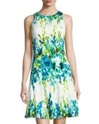 Floral-print Fit-and-flare Dress, Blue/white