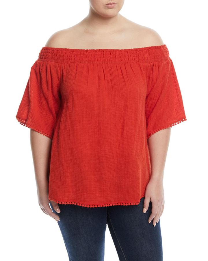 Off-the-shoulder Pompom Sleeve Blouse,