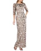Boat-neck 3/4-sleeve Floral-embroidered Mesh Illusion Gown