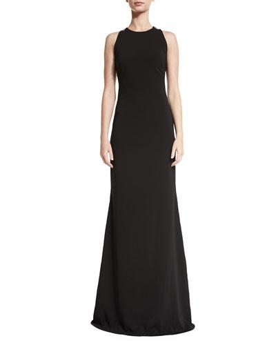 Sleeveless Lace-back Ponte Gown, Black