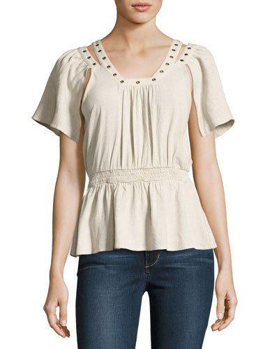 Eyelet-trim Smocked-waist Top, Beige