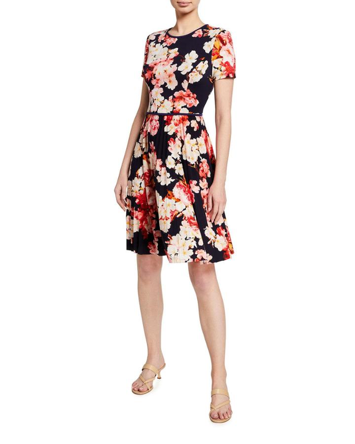 Botanical Print Pleated Fit-&-flare Dress
