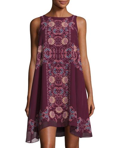 Floral-print Sleeveless Chiffon Dress, Currant/red