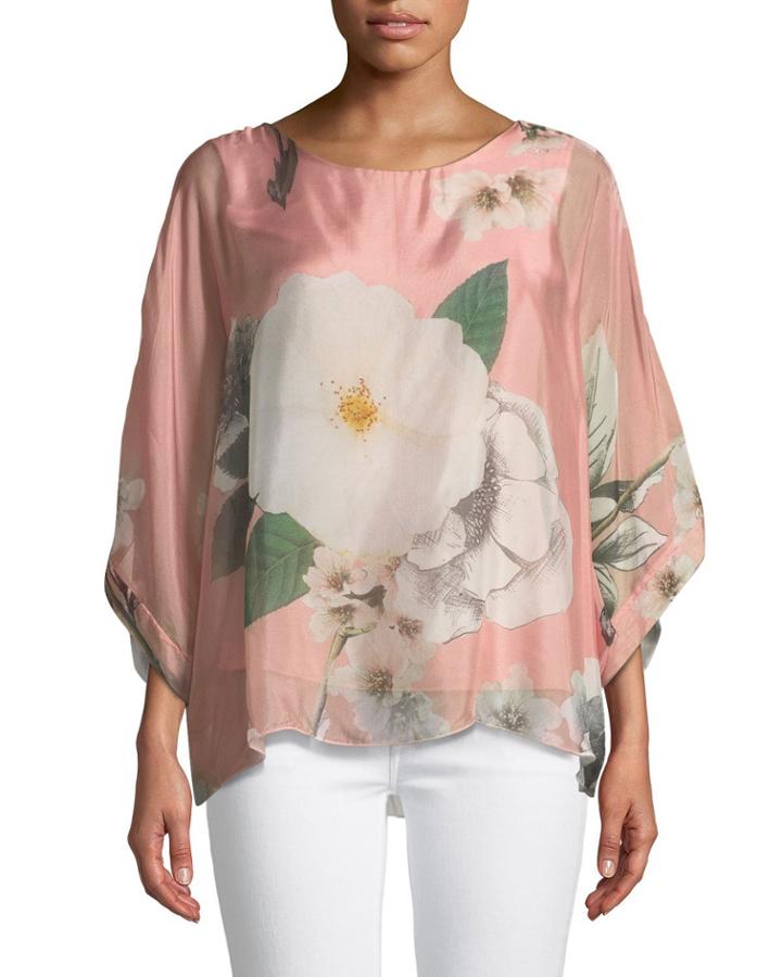 Floral-chiffon Poncho Blouse
