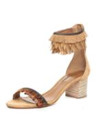 Fringed Ankle-cuff Block-heel Sandal, Cappuccino