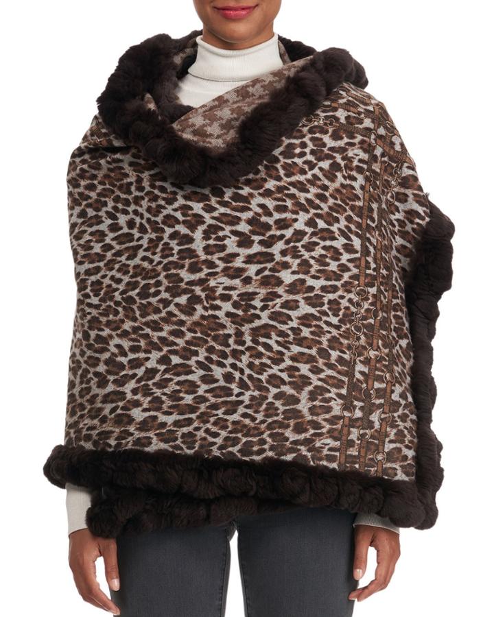 Double Face Cashmere Leopard-print Stole W/ Ruffle Rex Rabbit Fur Trim